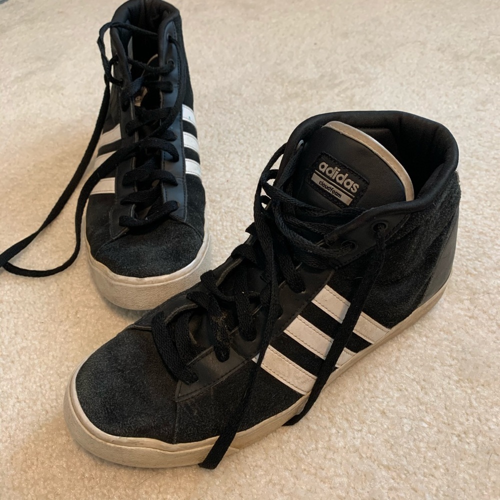 Adidas black and white high top sneakers 10